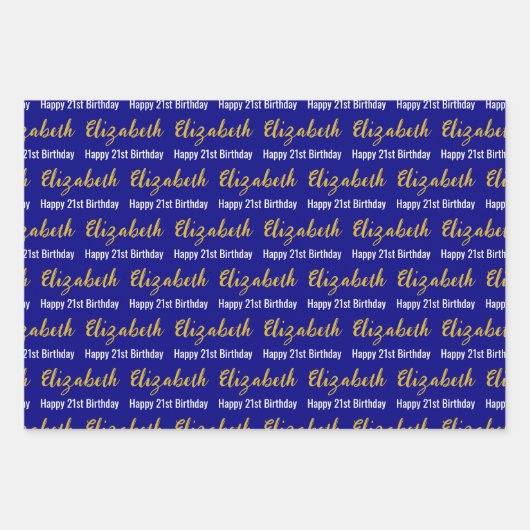 Happy 21st Birthday Gold Script Naam Navy & White Inpakpapier Vel (Voorkant)