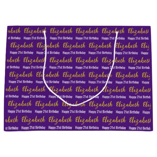 Happy 21st Birthday Gold Script Naam Paarse Wit Groot Cadeauzakje (Voorkant)
