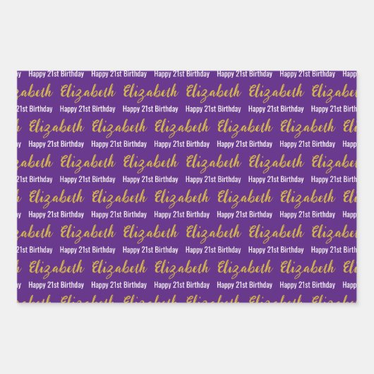 Happy 21st Birthday Gold Script Naam Paarse Wit Inpakpapier Vel (Voorkant 3)