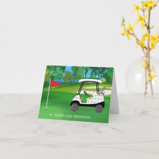 Happy 21st Birthday Golf met winkelwagen, bier, ho Kaart (Gele Bloem)