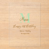 Happy 21st Birthday green add name monogram brown  Acryl Uitnodigingen (Voorkant)
