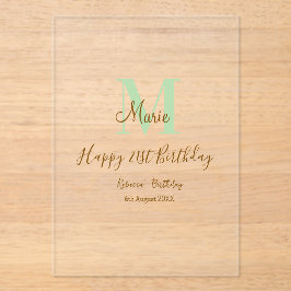 Happy 21st Birthday green add name monogram brown  Acryl Uitnodigingen