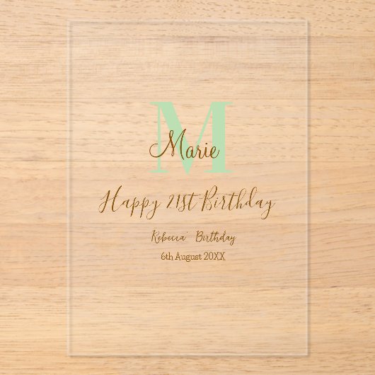 Happy 21st Birthday green add name monogram brown  Acryl Uitnodigingen (Voorkant)