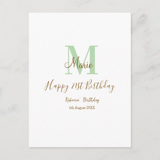Happy 21st Birthday green add name monogram brown  Briefkaart (Voorkant)