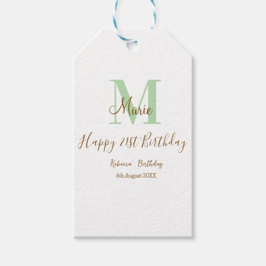 Happy 21st Birthday green add name monogram brown  Cadeaulabel (Voorkant)