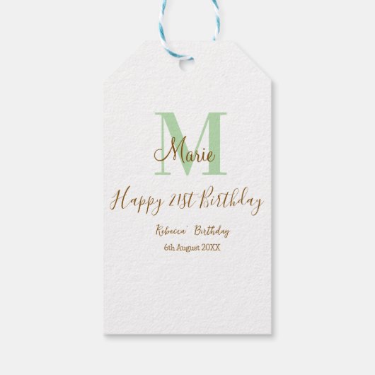 Happy 21st Birthday green add name monogram brown  Cadeaulabel (Achterkant)