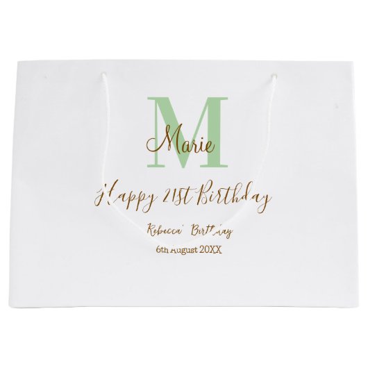 Happy 21st Birthday green add name monogram brown  Groot Cadeauzakje (Voorkant)