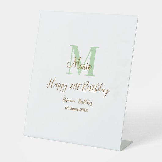 Happy 21st Birthday green add name monogram brown  Reclamebord Met Voetstuk (Voorkant)