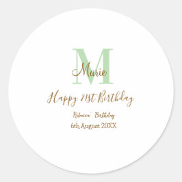 Happy 21st Birthday green add name monogram brown  Ronde Sticker