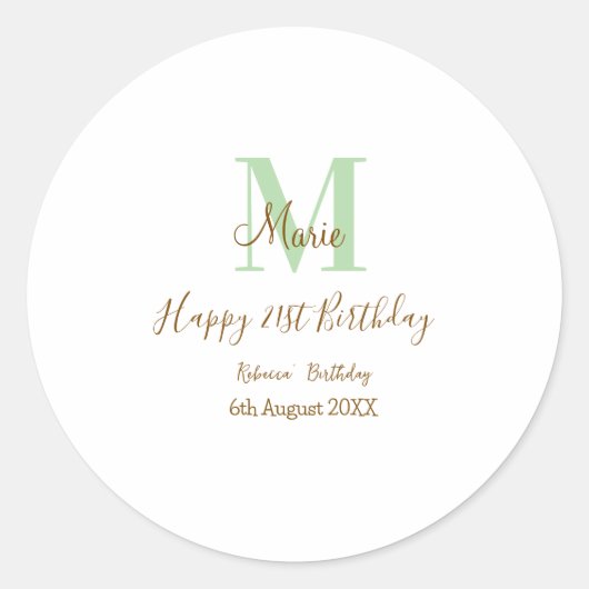 Happy 21st Birthday green add name monogram brown  Ronde Sticker (Voorkant)