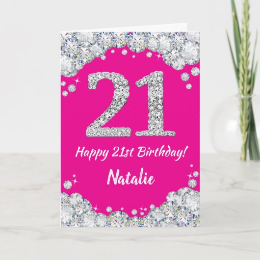 Happy 21st Birthday Hot Pink en Silver Glitter Kaart (Voorkant)