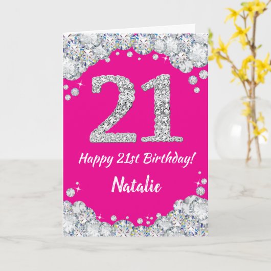 Happy 21st Birthday Hot Pink en Silver Glitter Kaart (Gele Bloem)