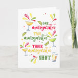 Happy 21st Birthday Margarita Card Kaart<br><div class="desc">Deze speelse verjaardagskaart heeft een ontwerp van de waterverf met feestelijke margaritas en het gezegde "one margarita,  two margarita,  three margarita,  shot" Aan de binnenkant staat "Happy 21st Birthday". De binnentekst kan worden bewerkt om aan uw behoeften te voldoen. De kleuren zijn rood,  groen en geel.</div>