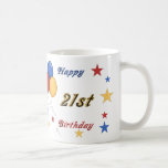 Happy 21st Birthday Mok<br><div class="desc">Een gelukkige 21ste verjaardag Mok maakt een geweldig cadeauidee voor iedereen die 21 jaar oud wordt. Het ontwerp bevat drie ballonnen, één rood, geel en blauw. Het ontwerp heeft ook drie sterren in elk van de passende kleuren en de tekst "Happy (Blue text) 21st (Yellow text) Birthday (Red text)". Het...</div>