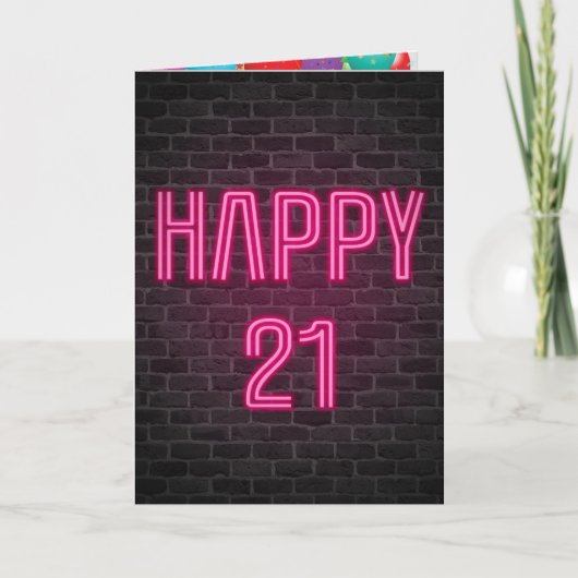 Happy 21st Birthday Neon Sign on brick Kaart (Voorkant)