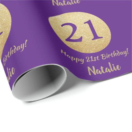 Happy 21st Birthday Paars en Gold Glitter Cadeaupapier (Rol Hoek)