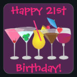Happy 21st Birthday Party Drinken Stickers<br><div class="desc">Whimsical Cocktails 21st Birthday Greeting Stickers</div>