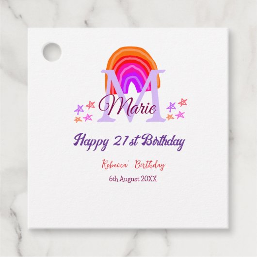 Happy 21st Birthday pink voeg naam monogram regenb Bedankjes Labels (Voorkant)