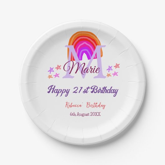 Happy 21st Birthday pink voeg naam monogram regenb Papieren Bordje (Voorkant)