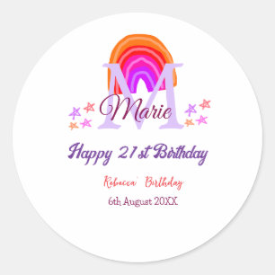Happy 21st Birthday pink voeg naam monogram regenb Ronde Sticker