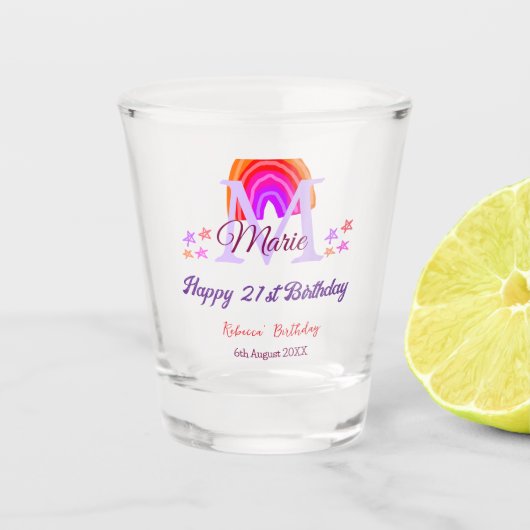 Happy 21st Birthday pink voeg naam monogram regenb Shot Glas (Voorkant)