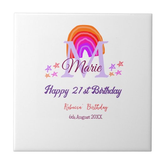 Happy 21st Birthday pink voeg naam monogram regenb Tegeltje (Voorkant)