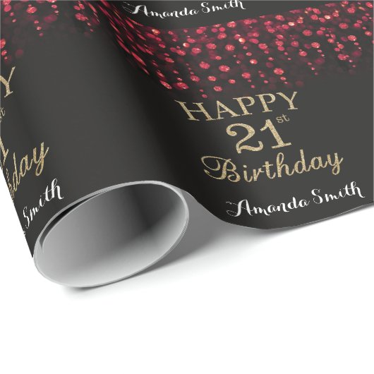 Happy 21st Birthday Red Black en Gold Glitter Cadeaupapier (Rol Hoek)