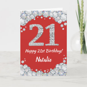 Happy 21st Birthday Red en Silver Glitter Card Kaart