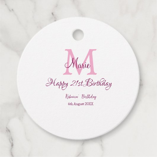 Happy 21st Birthday roze voeg naam monogram modern Bedankjes Labels (Voorkant)