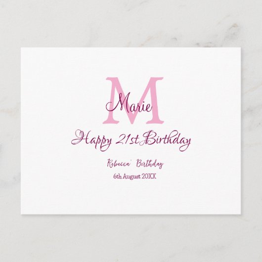 Happy 21st Birthday roze voeg naam monogram modern Briefkaart (Voorkant)
