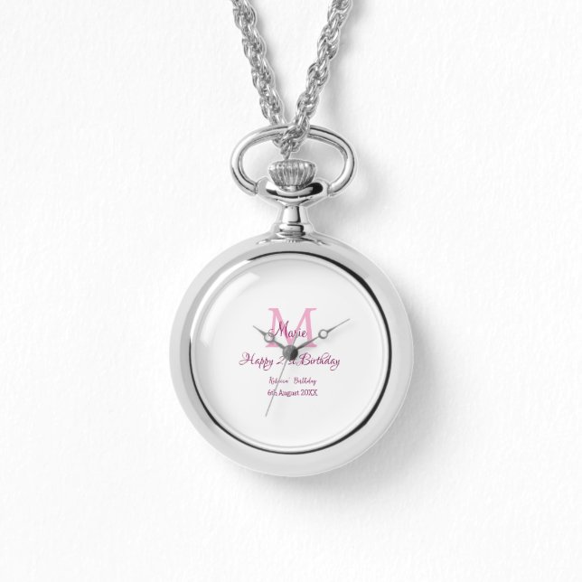 Happy 21st Birthday roze voeg naam monogram modern Horloge (Voorkant)
