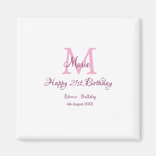 Happy 21st Birthday roze voeg naam monogram modern Magneet (Voorkant)