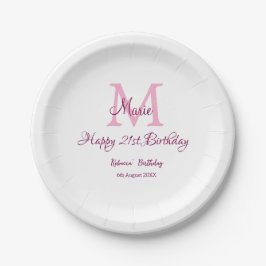 Happy 21st Birthday roze voeg naam monogram modern Papieren Bordje