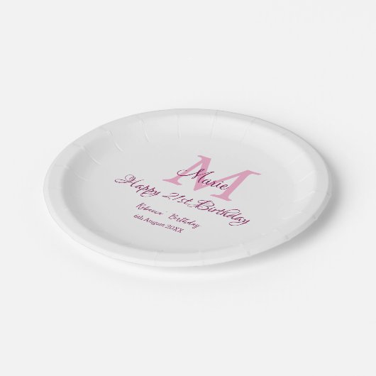 Happy 21st Birthday roze voeg naam monogram modern Papieren Bordje (Gekanteld)