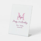 Happy 21st Birthday roze voeg naam monogram modern Reclamebord Met Voetstuk (Voorkant)