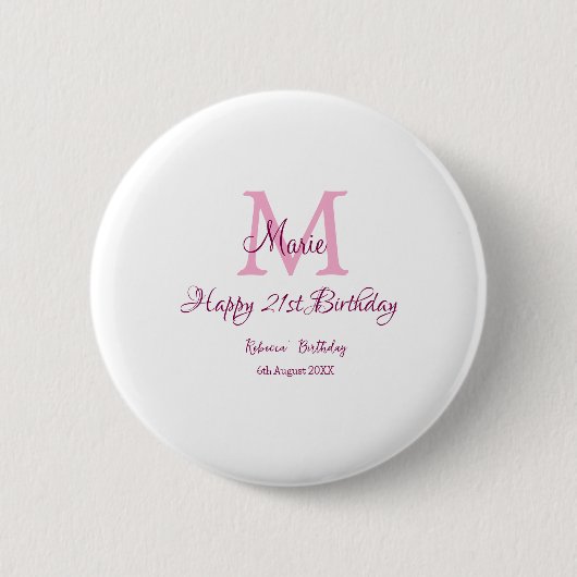 Happy 21st Birthday roze voeg naam monogram modern Ronde Button 5,7 Cm (Voorkant)