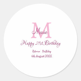 Happy 21st Birthday roze voeg naam monogram modern Ronde Sticker