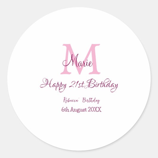 Happy 21st Birthday roze voeg naam monogram modern Ronde Sticker (Voorkant)