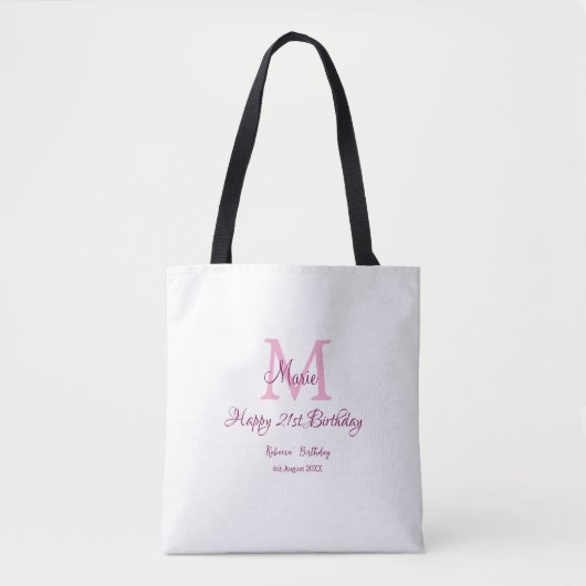 Happy 21st Birthday roze voeg naam monogram modern Tote Bag (Voorkant)