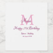 Happy 21st Birthday roze voeg naam monogram modern Wijn Etiket (Enkel label)