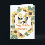 Happy 21st Birthday Sunflower Greeting Kaart<br><div class="desc">Fun,  vrolijk,  elegant en kleurrijk design verjaardagskaart 
Haal deze vrolijke kaart om je vriend of familie te vieren!
Thema: Zonnebloem,  Botanisch.
Kleuren,  geel,  Faux Gold,  wit.
Stijl: Elegant,  Boho,  Cheerful.
Grafische kaart: Faux Gold Number,  Waterverf Sunflower.</div>