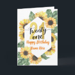 Happy 21st Birthday Sunflower Greeting Kaart<br><div class="desc">Fun,  vrolijk,  elegant en kleurrijk design verjaardagskaart 
Haal deze vrolijke kaart om je vriend of familie te vieren!
Thema: Zonnebloem,  Botanisch.
Kleuren,  geel,  Faux Gold,  wit.
Stijl: Elegant,  Boho,  Cheerful.
Grafische kaart: Faux Gold Number,  Waterverf Sunflower.</div>