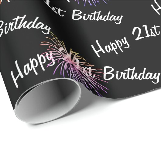 Happy 21st Birthday vuurwerk op zwart Cadeaupapier (Rol Hoek)