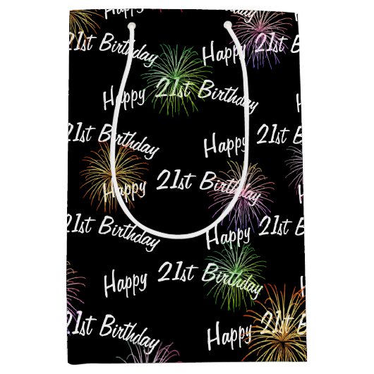 Happy 21st Birthday vuurwerk op zwart Medium Cadeauzakje (Voorkant)