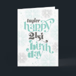 Happy 21st Birthday  Wenskaart Kaart<br><div class="desc">Dit gevouwen verjaardagsontwerp kenmerkt een decoratief typografisch ontwerp met de naam van de ontvanger en zegt "Happy 21st verjaardag". Deze feestelijke 21ste verjaardagskaart is perfect voor een feestelijke viering en is gedecorreerd met mint- en grijze vuurwerkbursts en sterren.</div>