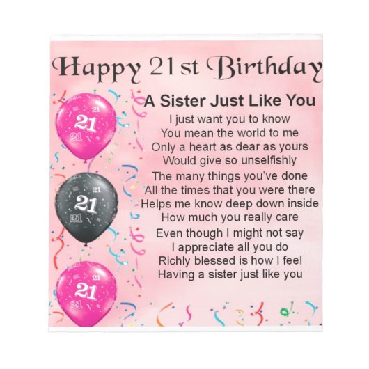 Happy 21st Birthday Zuster Poem Notitieblok (Voorkant)