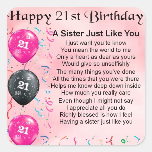 Happy 21st Birthday Zuster Poem Vierkante Sticker (Voorkant)