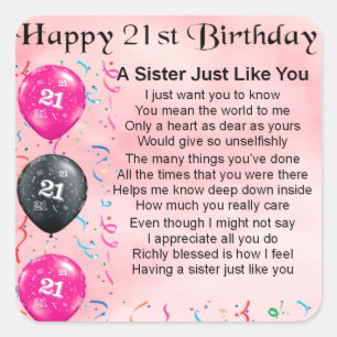 Happy 21st Birthday Zuster Poem Vierkante Sticker