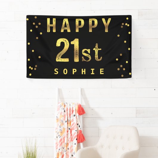 Happy 21st Faux Gold Foil Confetti Black Spandoek (Insitu)