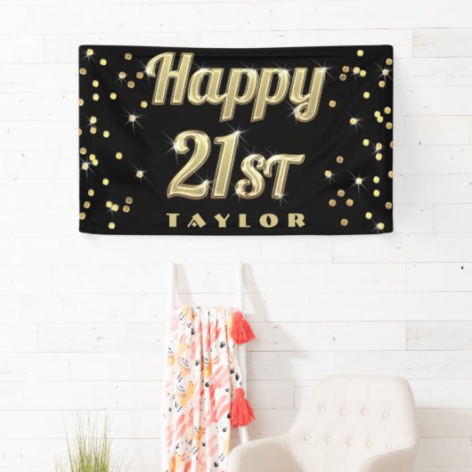 Happy 21st Gold Bling Typography Confetti Black Spandoek (Insitu)